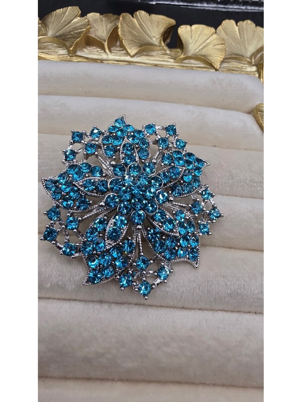 Vintage Style Blue Rhinestone Flower Brooch Pin